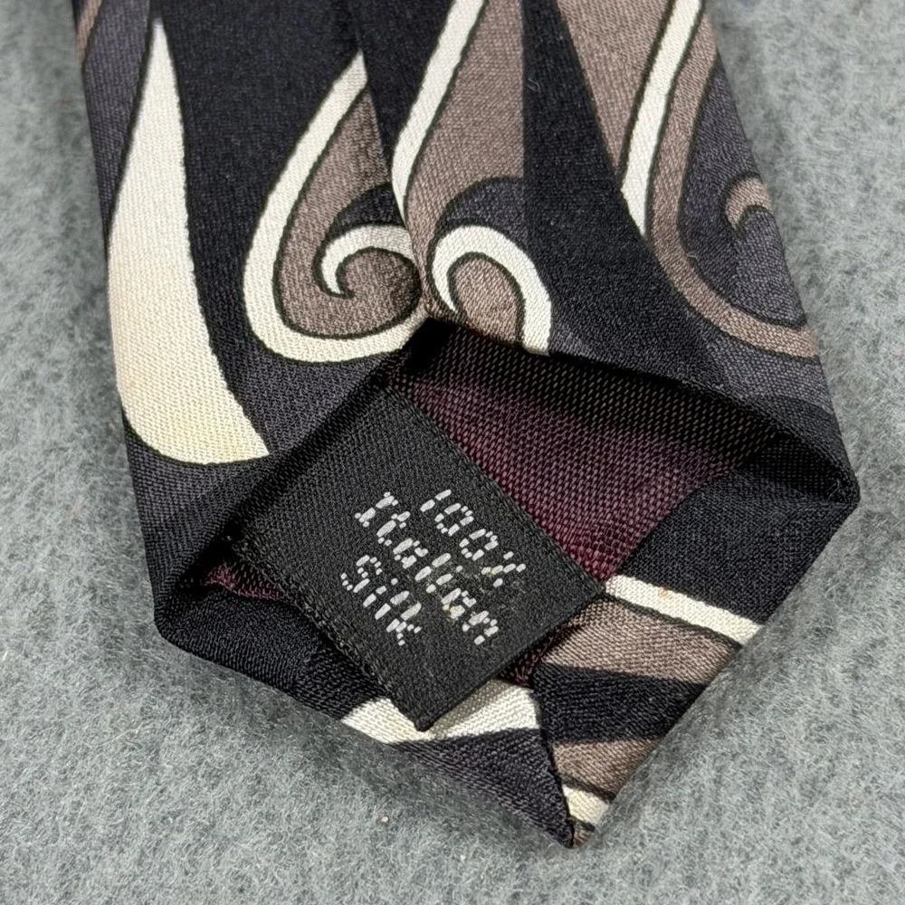 Courreges‎ Homme Mens Silk Necktie Black Grey White Geometric Swirl Italian Silk